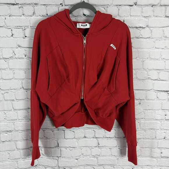 MSGM Milano Red Cropped Hoodie Full Zip Sweatshirt Top Streetwear - Picture 1 of 16